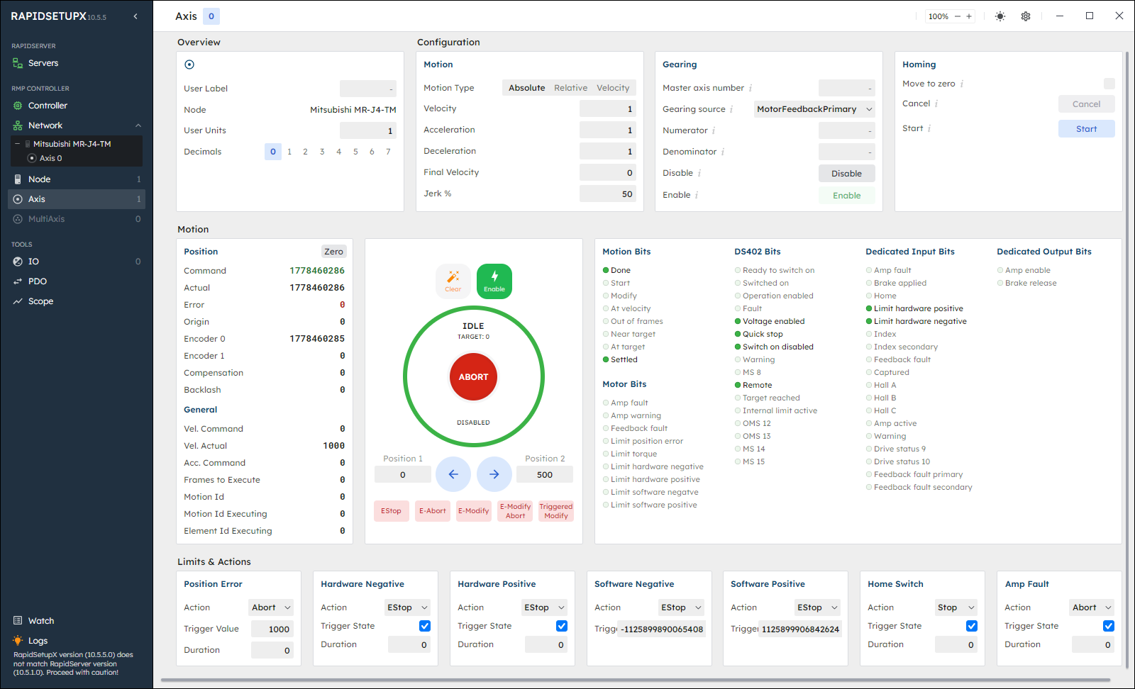 RapidSetupX Axis page