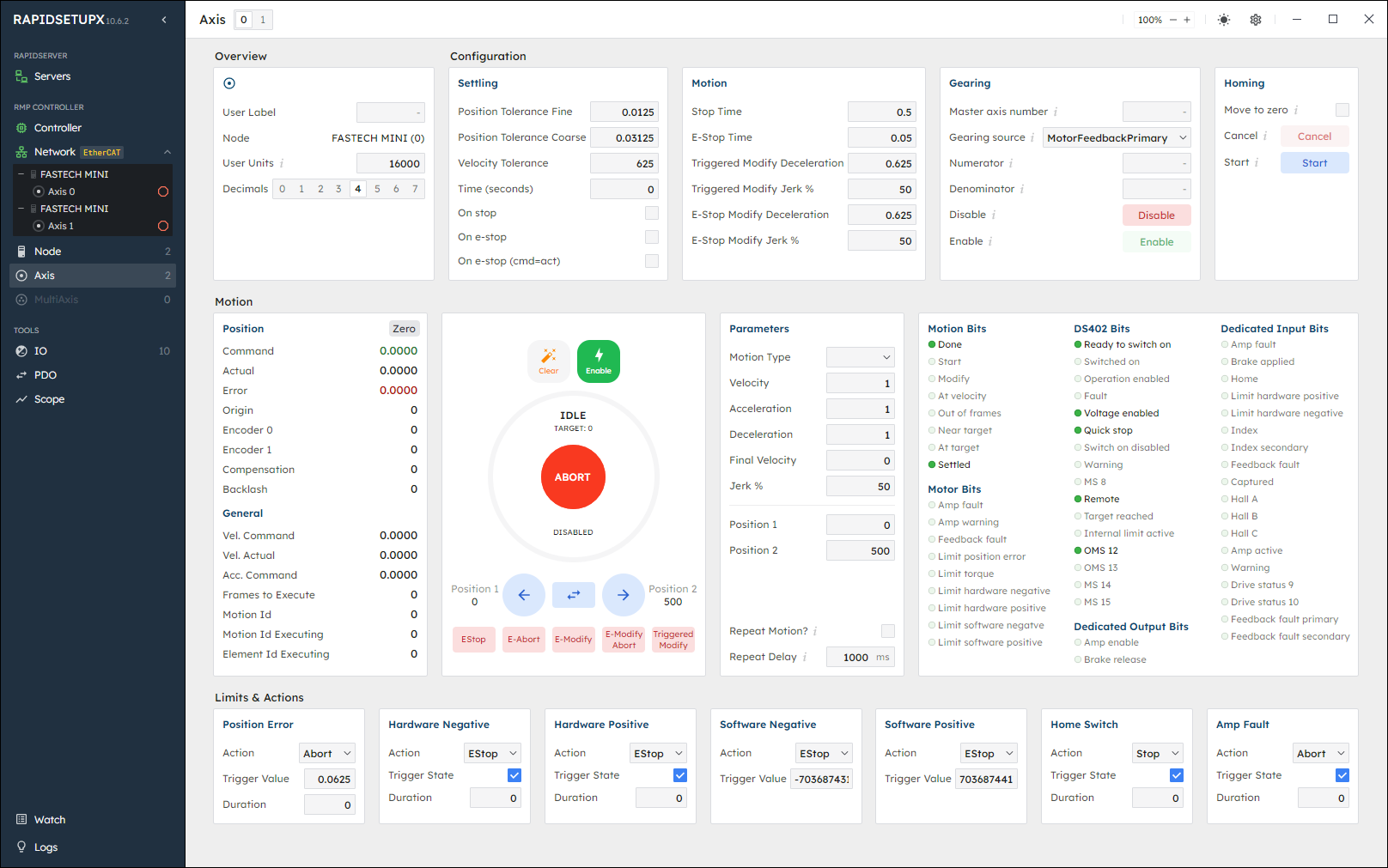 RapidSetupX Axis page