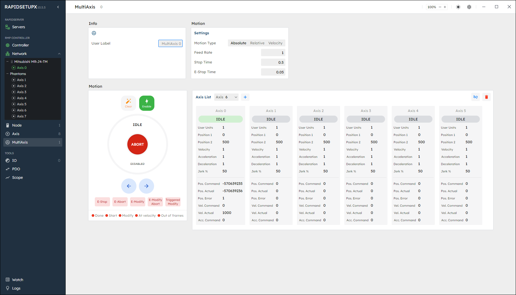 RapidSetupX MultiAxis page